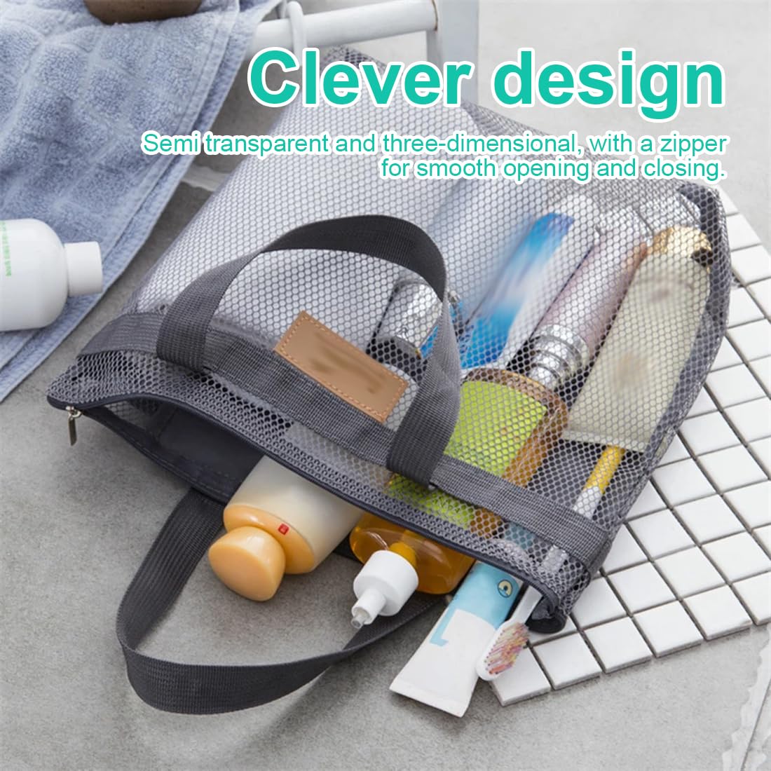 Borsa da Doccia Portatile a Rete, Borsa da Trasporto per Articoli da Toilette, Pochette da Viaggio Donna Grigia