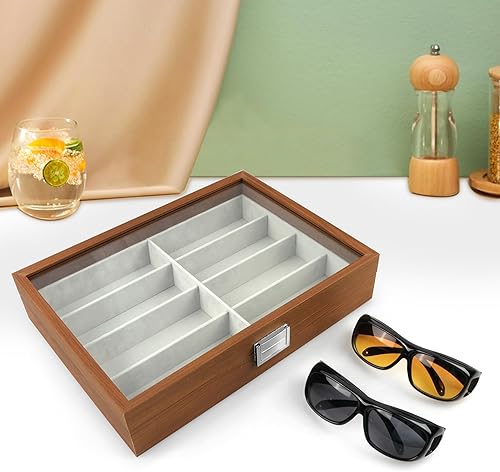 Miniatura 5 de Homeanda Estuche de madera para lentes de sol, 8 rejillas, organizador de gafas, bandeja para gafas, expositor, organizador con cubierta