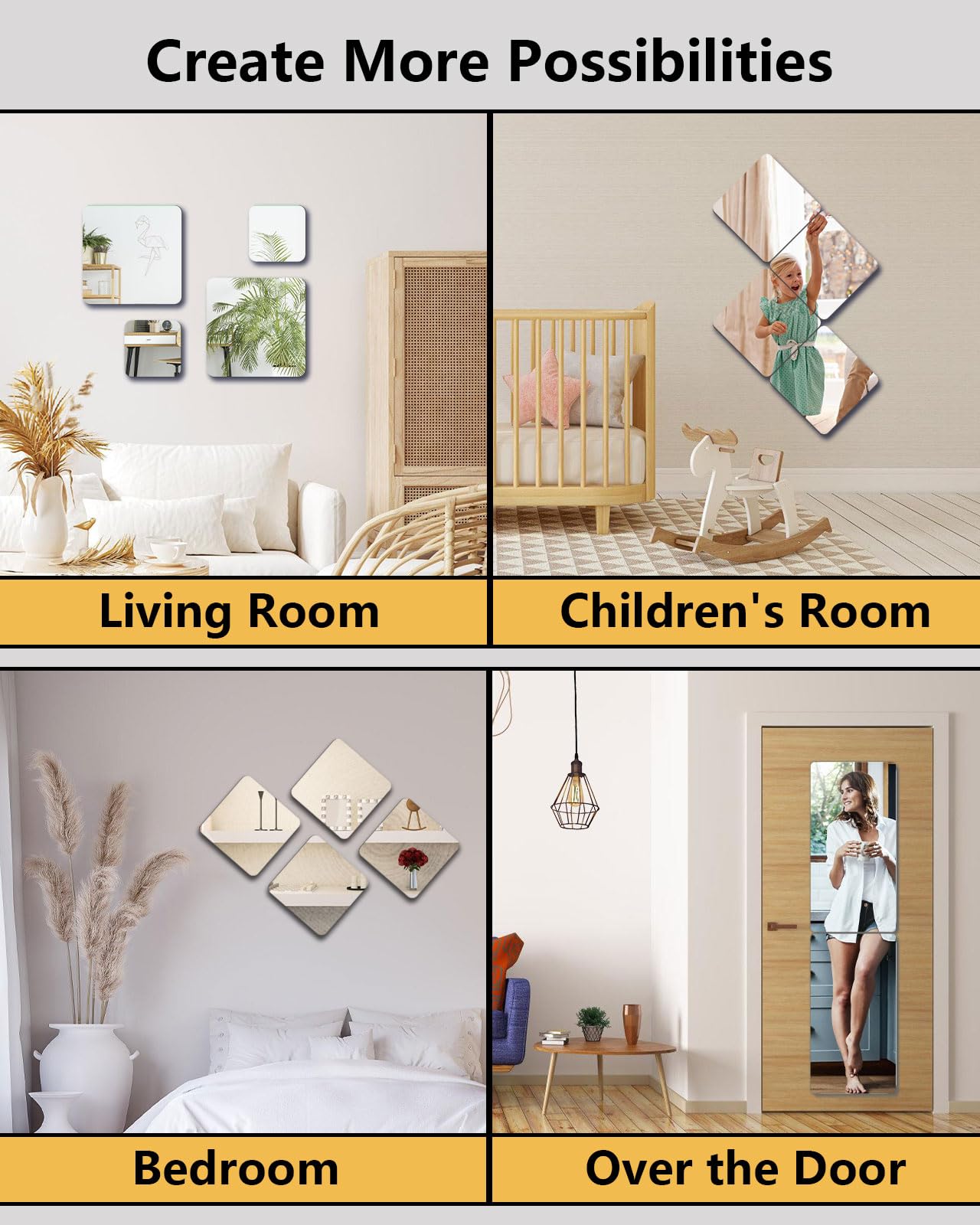 Piastrelle a specchio infrangibili, 2 pezzi, 61 x 35,6 cm, da applicare e da incollare, per specchi da parete, decorativi, per camera dei bambini, in plastica, per palestra, porta, senza cornice