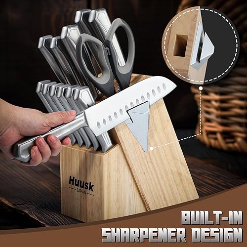 Miniatura 5 de Huusk Juego de cuchillos de cocina, juego de cuchillos de cocina de 14 piezas con afilador integrado, juego de cuchillos de acero inoxidable con