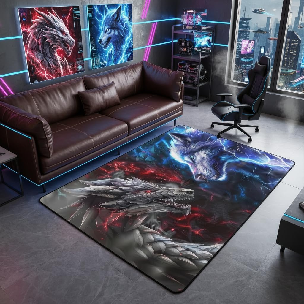 Dragon Wolf Decorative Carpet Area Rug,Fire Lightning Living Room Rugs for Bedroom Cool Wild Animal Area Rug Black Blue Red Carpet Kitchen,5x6'6''