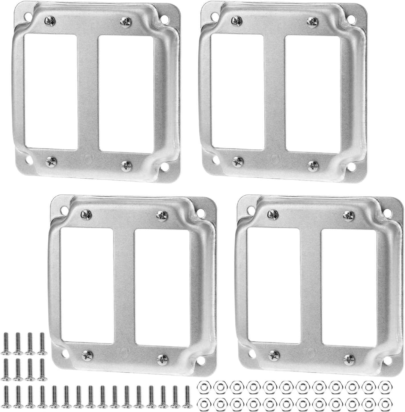 QWORK 4" Square Double Switch Electrical Box Cover, Set of 4 Steel Switch Covers, 1/2" Raised 2-Gang Switch, Steel Metal Outlet Box, Square Receptacle Outlet Cover
