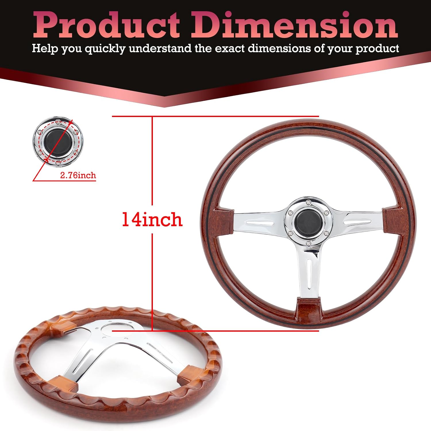 14Inch Universal Steering Wheel - Chrome-Plated Aluminum Alloy 3 Spokes 6 Holes 70m Deep Dish for Car Racing Car Classic Car Vintage Car 350mm Universal Wood Grain Steering Wheel