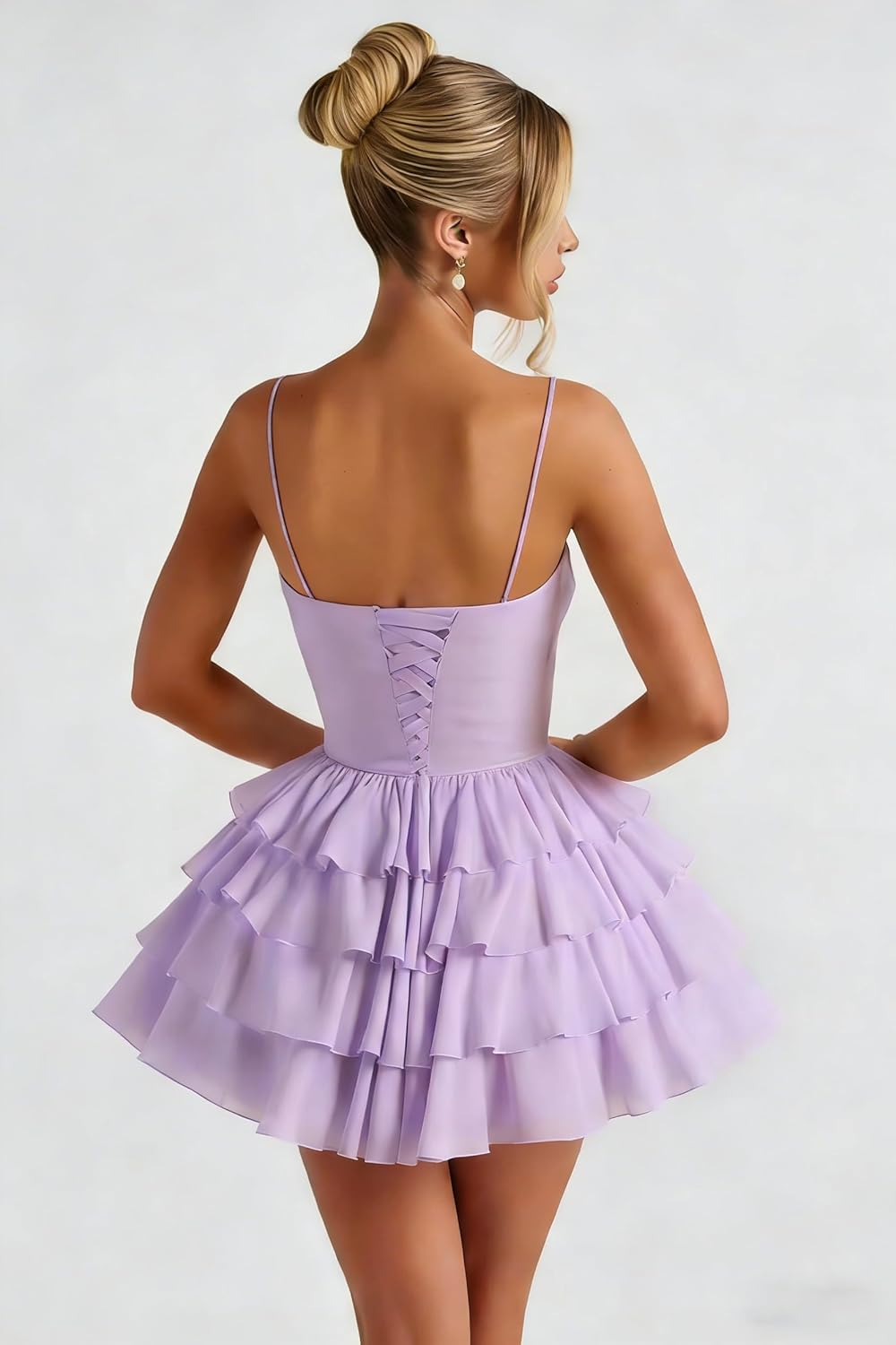 Short Chiffon Tiered Homecoming Dresses for Teens V Neck Double Spaghetti Strap Mini Formal Evening Gown LSH56