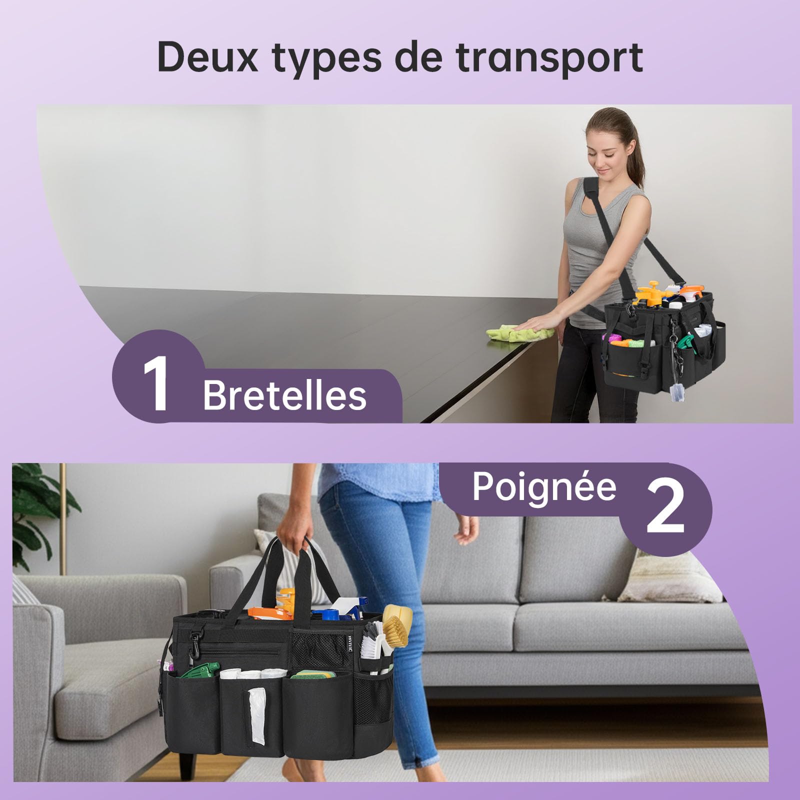 OUUTMEE Sac de Nettoyage avec Séparateurs Amovibles, Organisateur de Nettoyage Portable avec Poignées et Bandoulière Réglable, Sac Fourre-tout de Nettoyage pour Maison, Femmes de Ménage, Noir (Grande) | Organiseur portable pour produits de nettoyage, band
