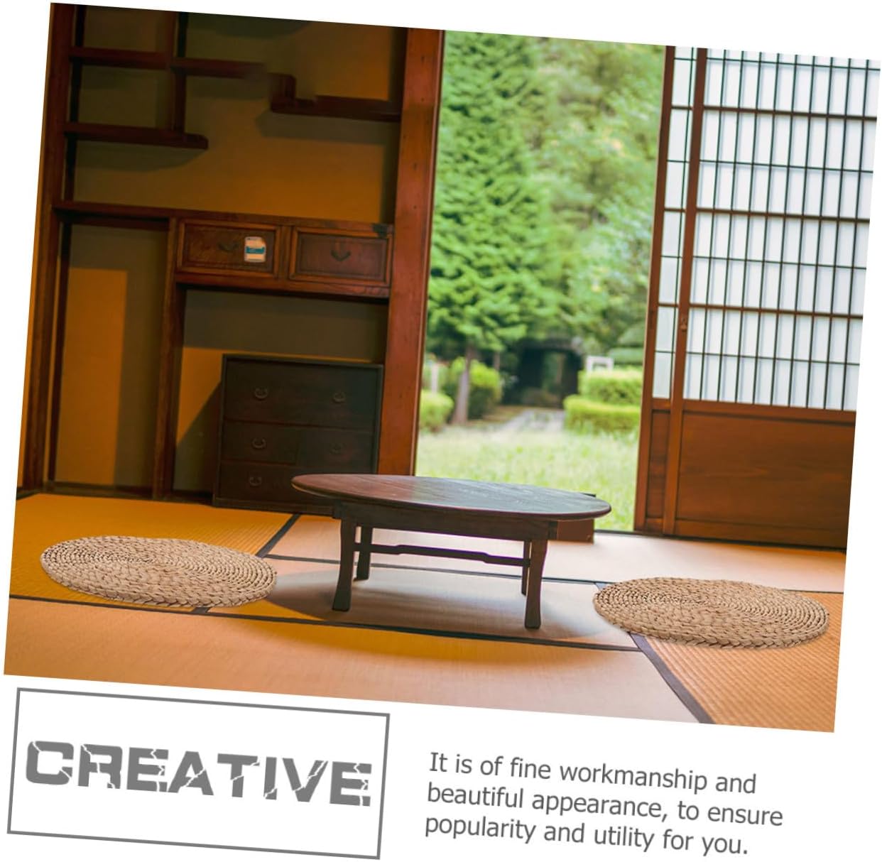 Thick Woven Meditation Cushion Floor Pillow 40cm Diameter Organic Rush Grass Tatami Mat Indoor Seating Pad for Yoga and Picnic Use