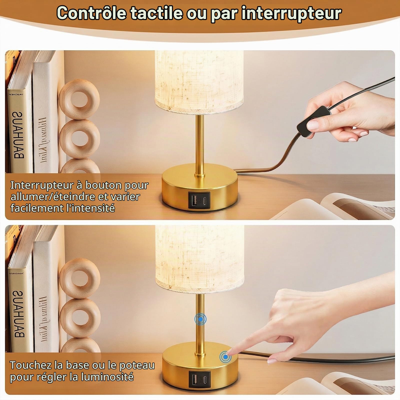 Lot de 2 Lampe de Chevet Tactile avec Ports de Charge USB-A + USB-C