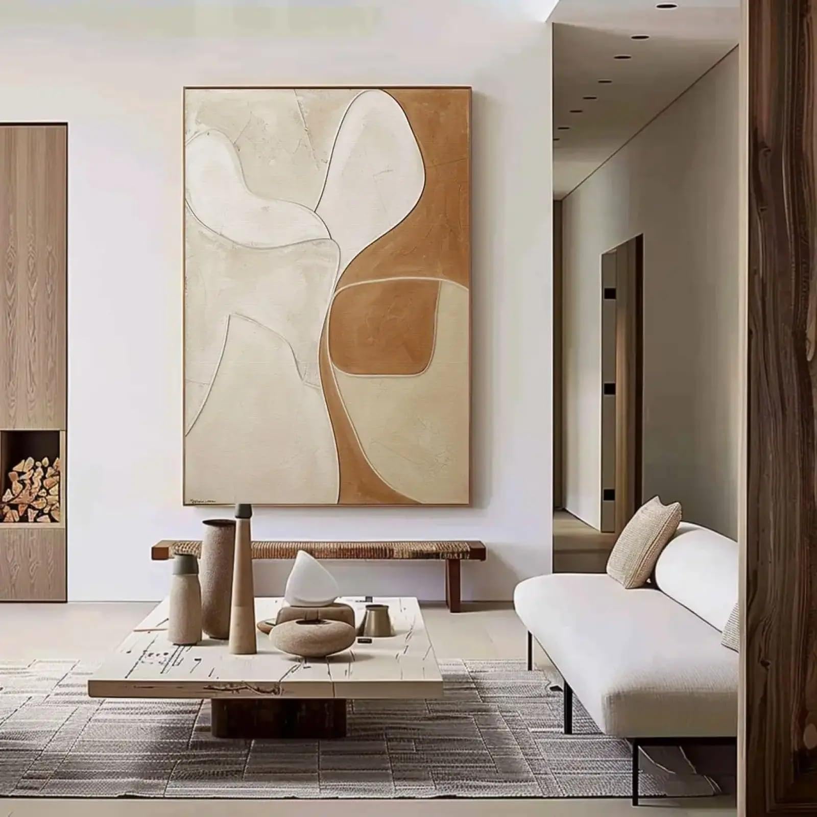 JACBON Obra de arte moderna para sala de estar, impresión artística de pared, pintura abstracta de gran tamaño con textura marrón y beige, lienzo de 30 x 40 cm (12 x 16 pulgadas), marco interno.