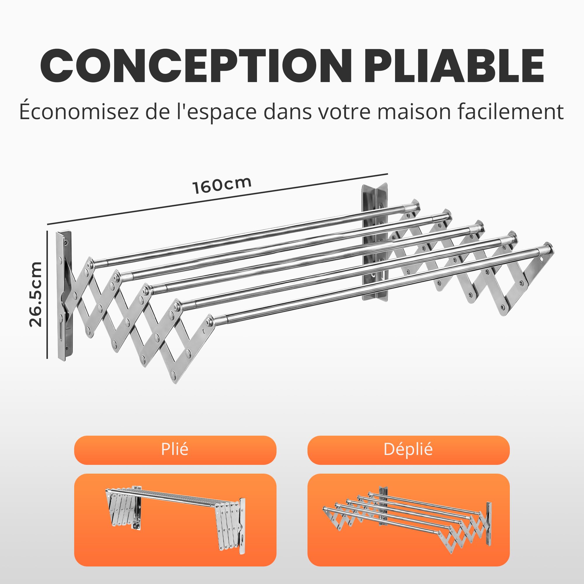JUPPLIES Étendoir Mural Rétractable 160 cm – Séchoir à Linge Pliable pour Intérieur et Extérieur – 5 Barres INOX Résistantes, Installation Facile et Pinces Incluses