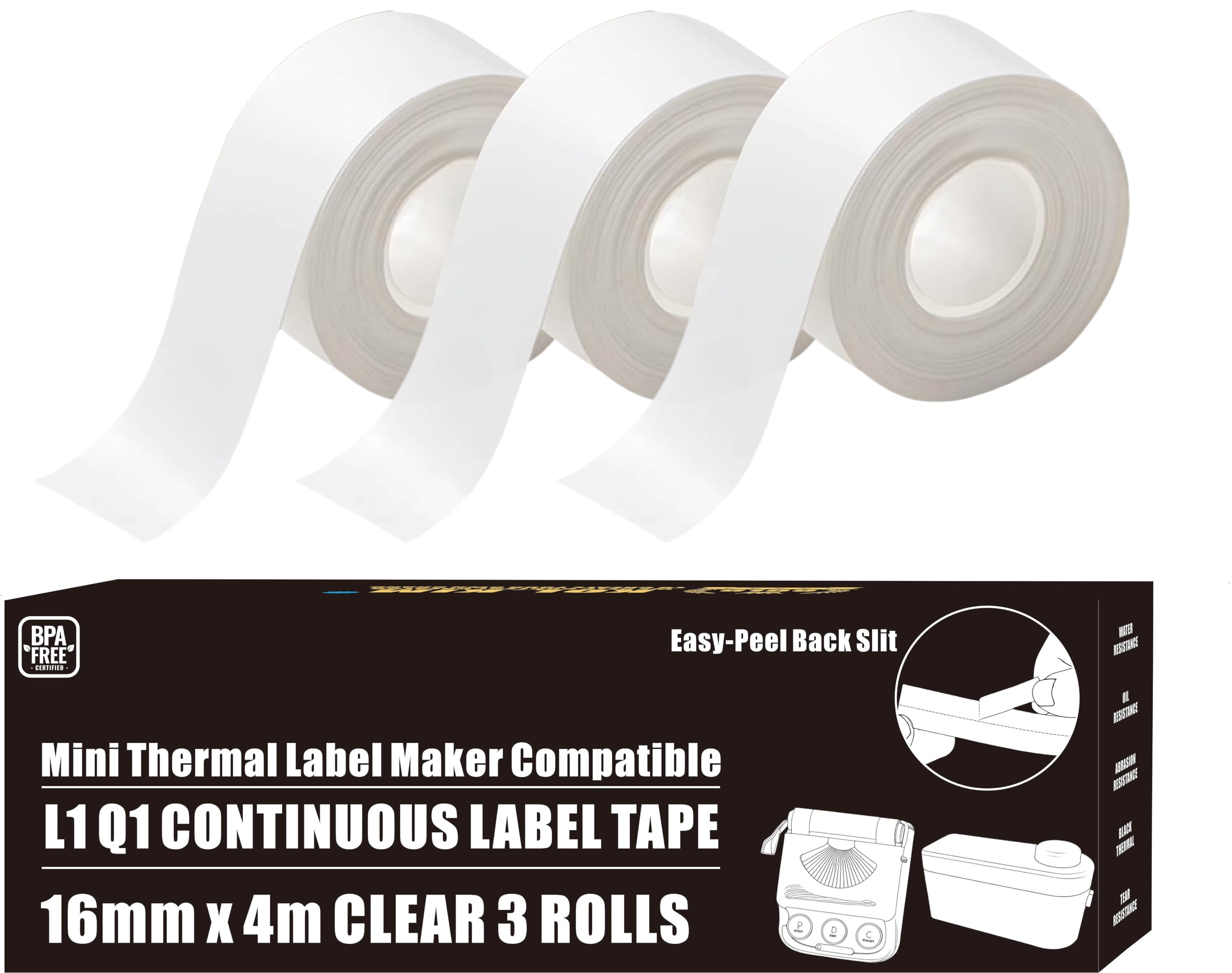 L1 - Recambio de cinta de etiquetas para hacer etiquetas de identificación, repuesto para cinta de etiquetas laminada térmica continua Makeid, 3 rollos de 16 mm x 4 m, impermeable, autoadhesiva
