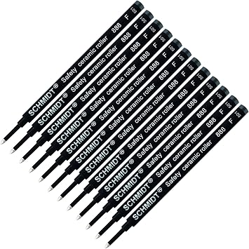 Schmidt 888 Safety Ceramic Rollerball Refill - Black Ink Fine Tip 0.6mm - 12 Pack