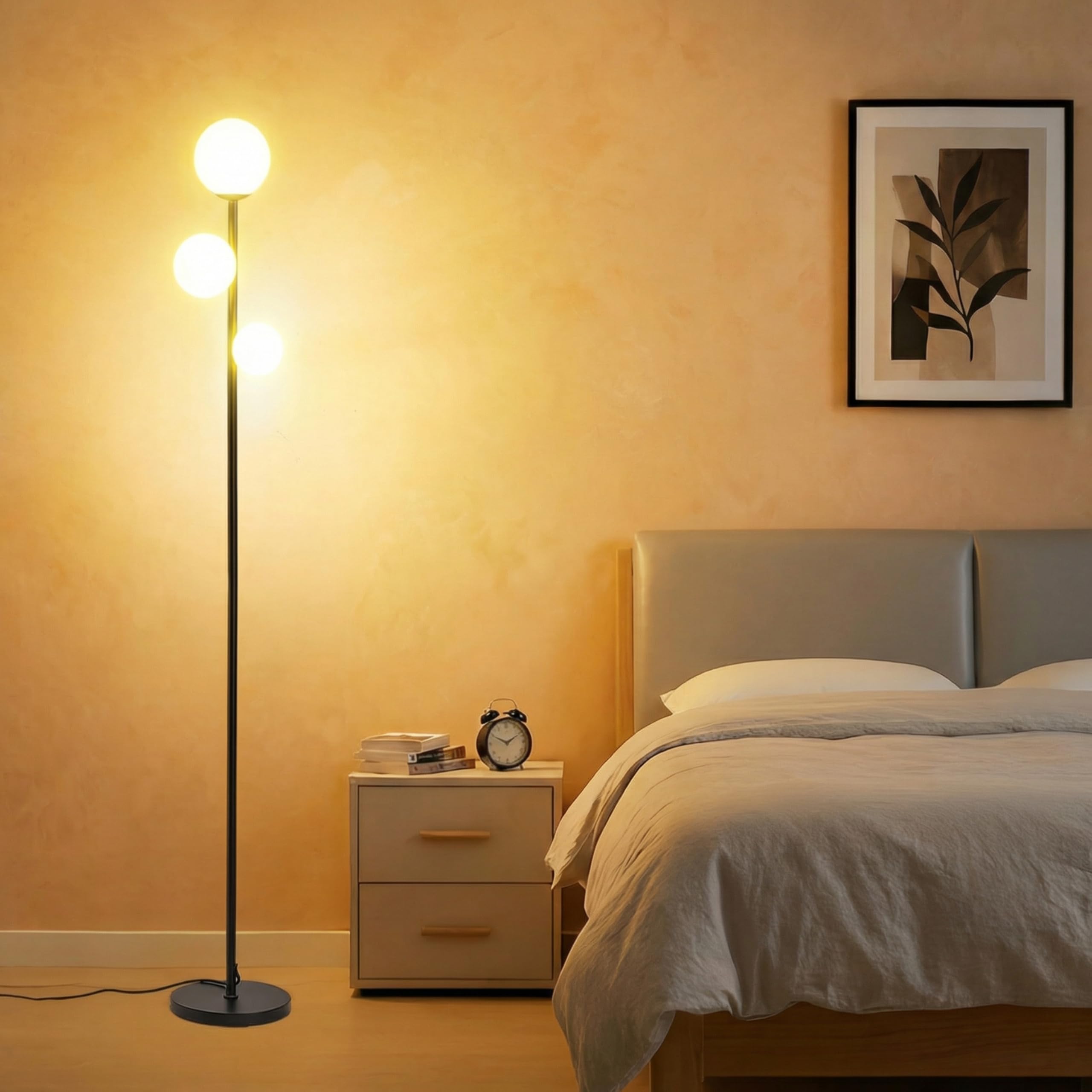 Fiqevs 3 Globe Mid Century Modern Floor Lamp, 3 x 800LM LED Bulbs Included, Matt Black Standing Lamp with Sphere Frosted Glass Shade, Vintage Retro Tall Pole Lamp for Living Room, Bedroom Office