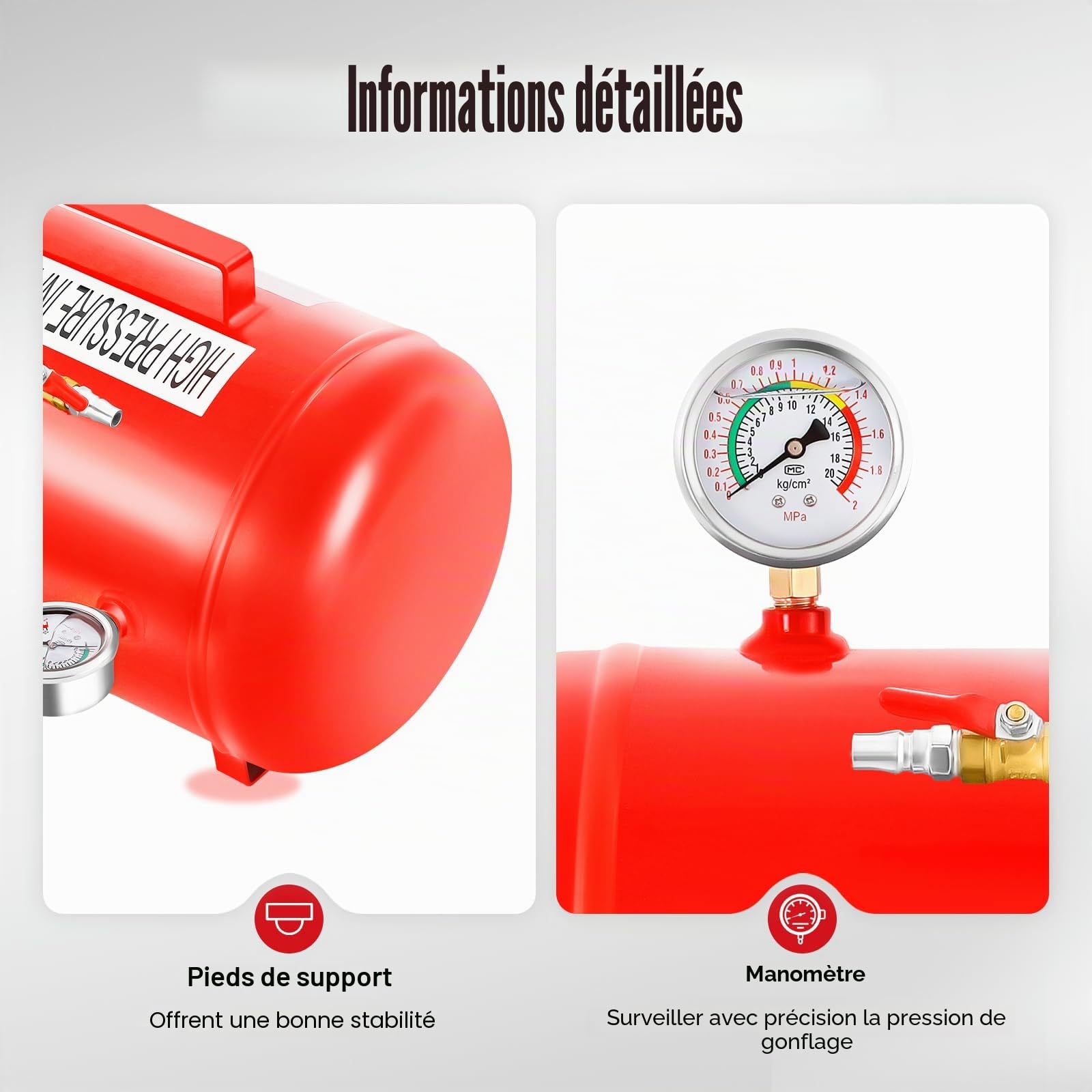 Gonfleur de pneu professionnel de 20 l - Booster de gonflage 20 litres - gonfleur de pneu à air pour différents types de pneus, Pression de gonflage maximale 10 bar