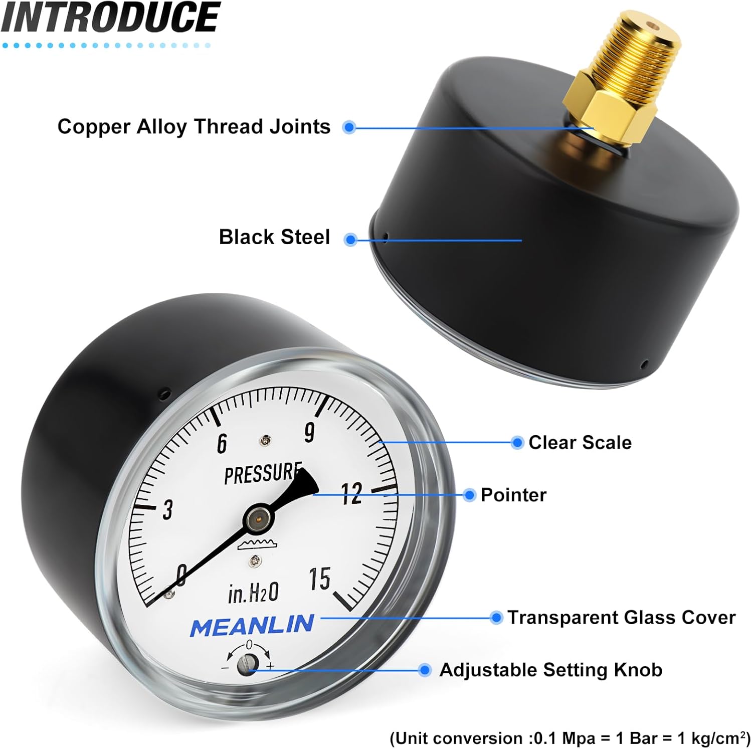 MEANLIN MEASURE 0-15 in H2O Diaphragm Type Capsule Low Pressure Gauge 1/4" NPT 2-1/3" FACE DIAL Adjustable Water Column Gauge, with 1/2" NPT and 3/8" NPT Hex Bushing, Back Mount