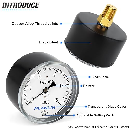 Miniatura 4 de MEANLIN MEASURE Manómetro de baja presión tipo cápsula de diafragma H2O de 0-15 pulgadas NPT de 2-13 pulgadas, esfera de cara ajustable, con 14 x 12