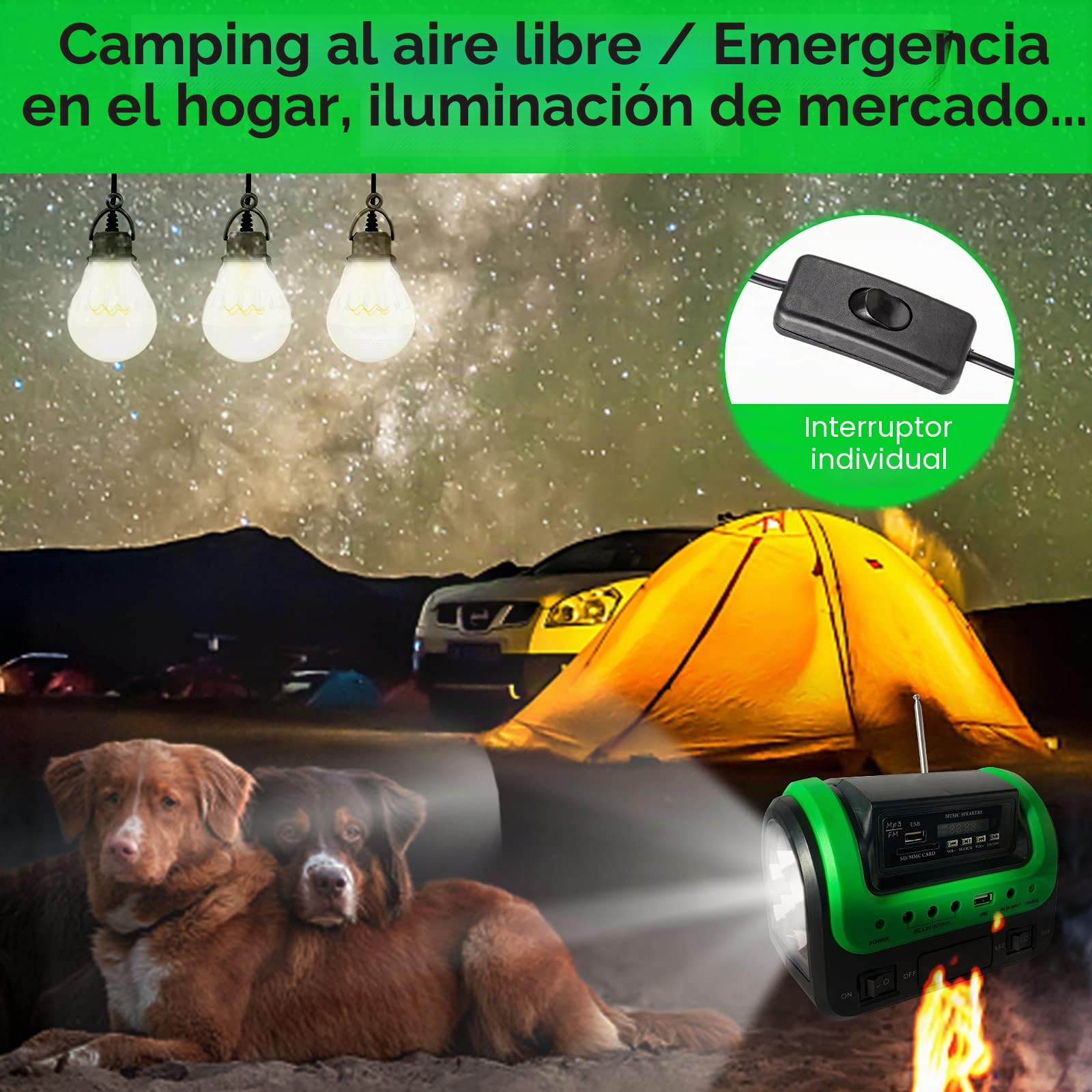Generador solar portátil con panel, pequeña estación de energía para acampar | Estación de energía solar compacta con luces LED y carga USB. Incluye panel solar para camping, energía de respaldo de viaje