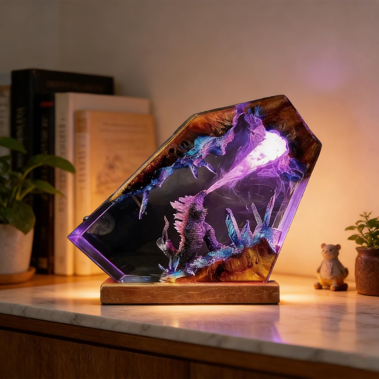 Epoxidharz Godzilla Nachtlicht,Harz Ozean Tier Figuren Nachtlicht Ornamente,Godzilla Würfel Dekoration,mit Holz Sockel USB-Kabel Marine Statue Dekoration,für Wohnzimmer Schlafzimmer (Stil-4)