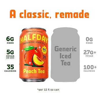 HALFDAY Prebiotic Iced Tea Lemon, Peach, Raspberry and Green Tea with Honey & Ginseng Variety Pack, Gut Health, Plant Fiber & Prebiotics, Low Sugar, 35 Calories, Natural Caffeine, 12 fl oz (12 pack) Packaging May Vary