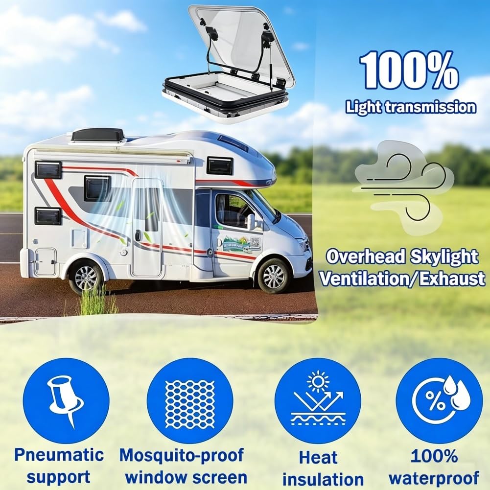 Klapa wentylacyjna do kampera z oświetleniem LED, ze stopu aluminium, uniwersalne okno dachowe kampera i kampera, pasuje do grubości ściany 25-60 mm, duża konstrukcja dla optymalnej wentylacji