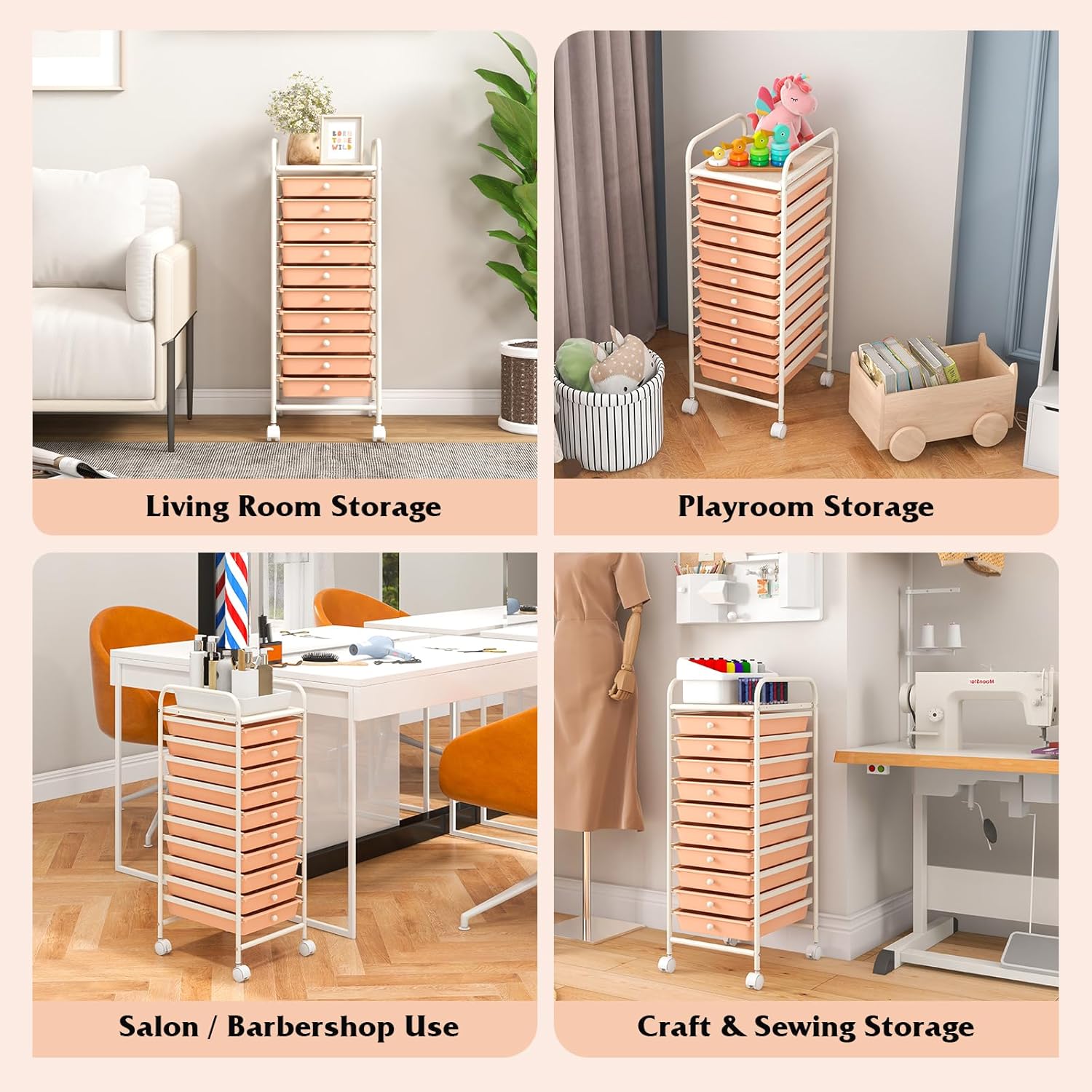 10-Drawer Rolling Storage Cart, Trolley w/Lockable 360° Wheels, 10 Removable PP Drawers, Sturdy Metal Frame, Rolling Utility Cart Perfect for Home, Office, Classroom (Peach Fuzz)
