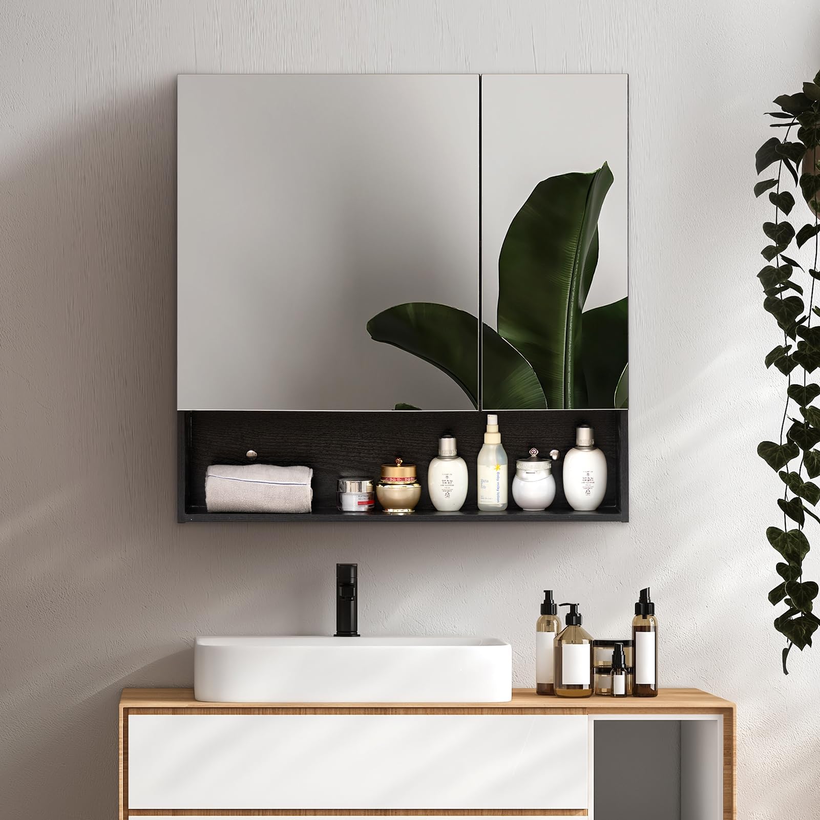 HollyHOME Armario de baño con espejo organizador de joyas, armario de almacenamiento de 2 puertas de espejo montado en la pared con estante ajustable, 62 pulgadas de ancho x 14 pulgadas de profundidad