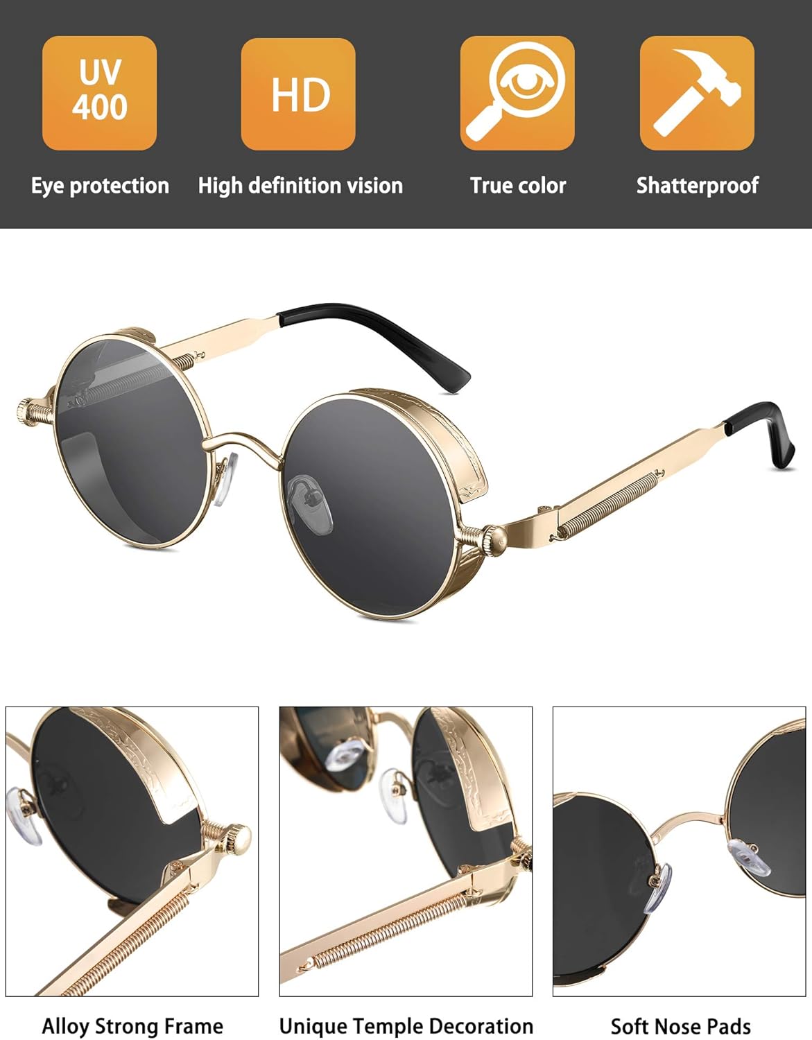 Weewooday Retro Round Steampunk Sunglasses Vintage Hippie Style Circle Lens Metal Frame Eyewear for Men Women - Image 3