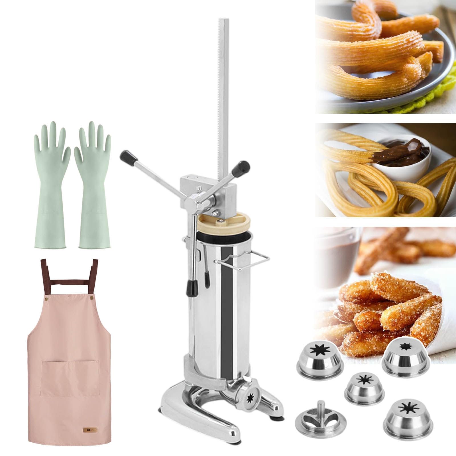 Manual Churro Maker,Stainless Steel Dessert Donuts Filler,with 5 Molds &amp; 1pcs Apron &amp; 4 Pairs of Gloves,Large Capacity &amp; Compact Size,for Business/Family Use,Save Ti,2L