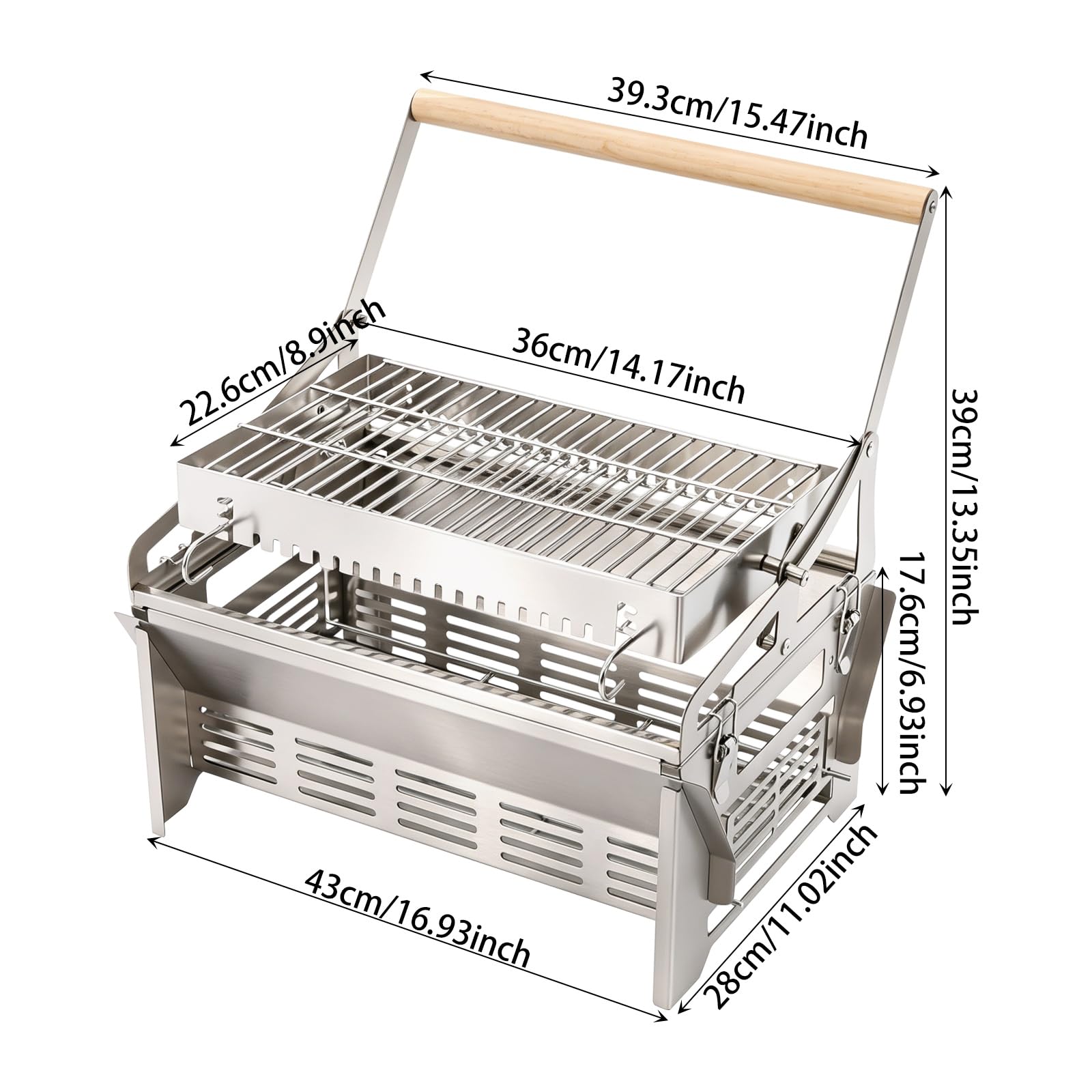 Barbacoa de carbón vegetal giratoria 360°, 2 en 1, de acero inoxidable, 43 x 28 x 39 cm | Tamaño de la parrilla: 22,6 x 36 cm, desmontables y portátiles, barbacoa plegable para camping, picnics, fiestas en el jardín