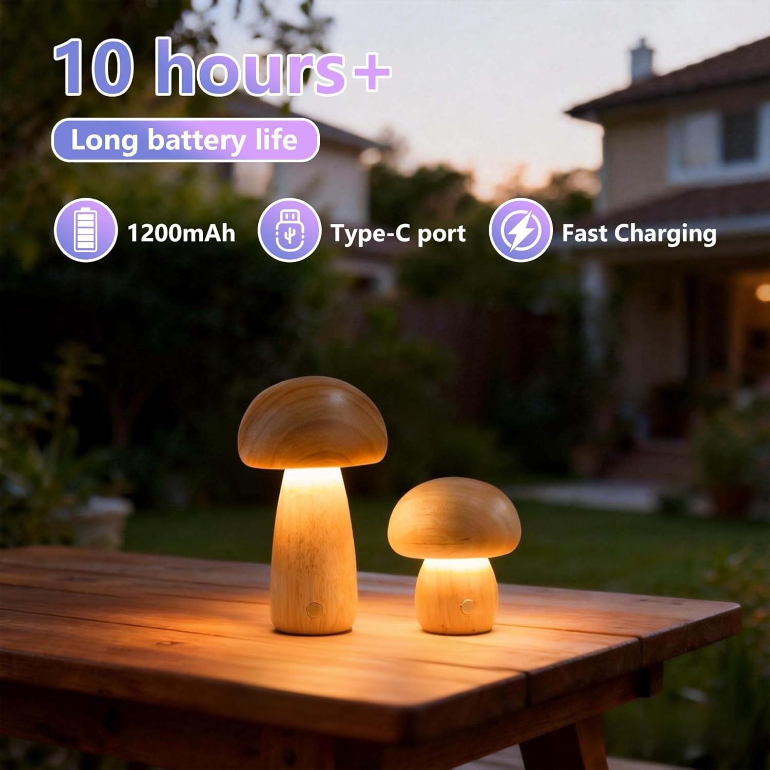 Mushroom Night Lights Rechargeable, Cordless Wooden Mushroom Table Lamps, Portable Desk Lamps for Bedroom, Studyroom, Living Room, Office, Birthday Gifts