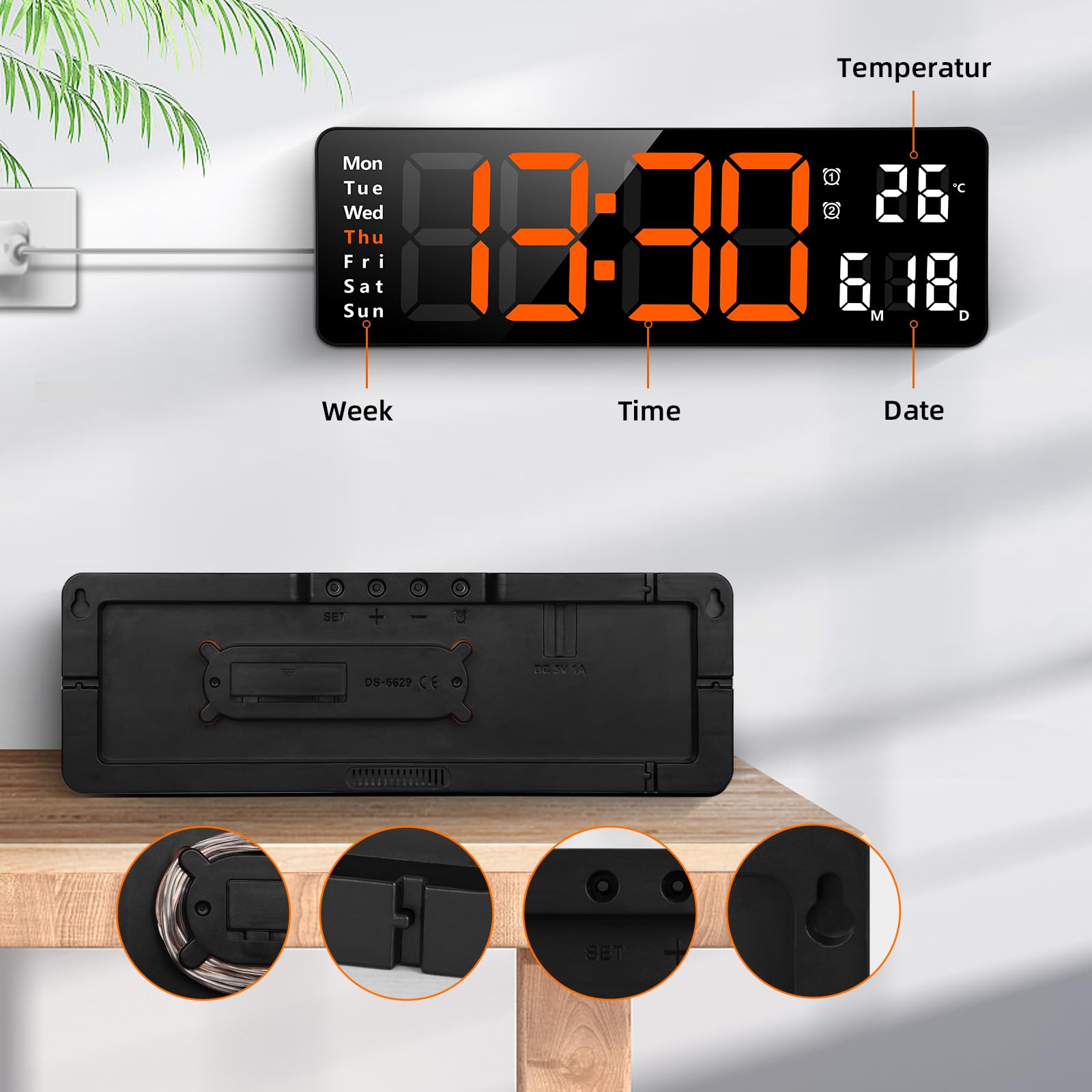 16 inch digitale wandklok groot display, LED-wandklok met afstandsbediening, countdown grote klok met datum/tijd/temperatuur weergave voor thuis, sportschool, kantoor (groen
