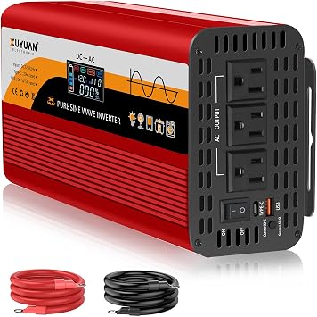 1500W Pure Sine Wave Inverter, 12V/24V Auto-Detect, 50Hz/60Hz Switchable, LCD Display, Type-C Fast Charging, Silent Design, Overload & Overheat Protection for RV, Home