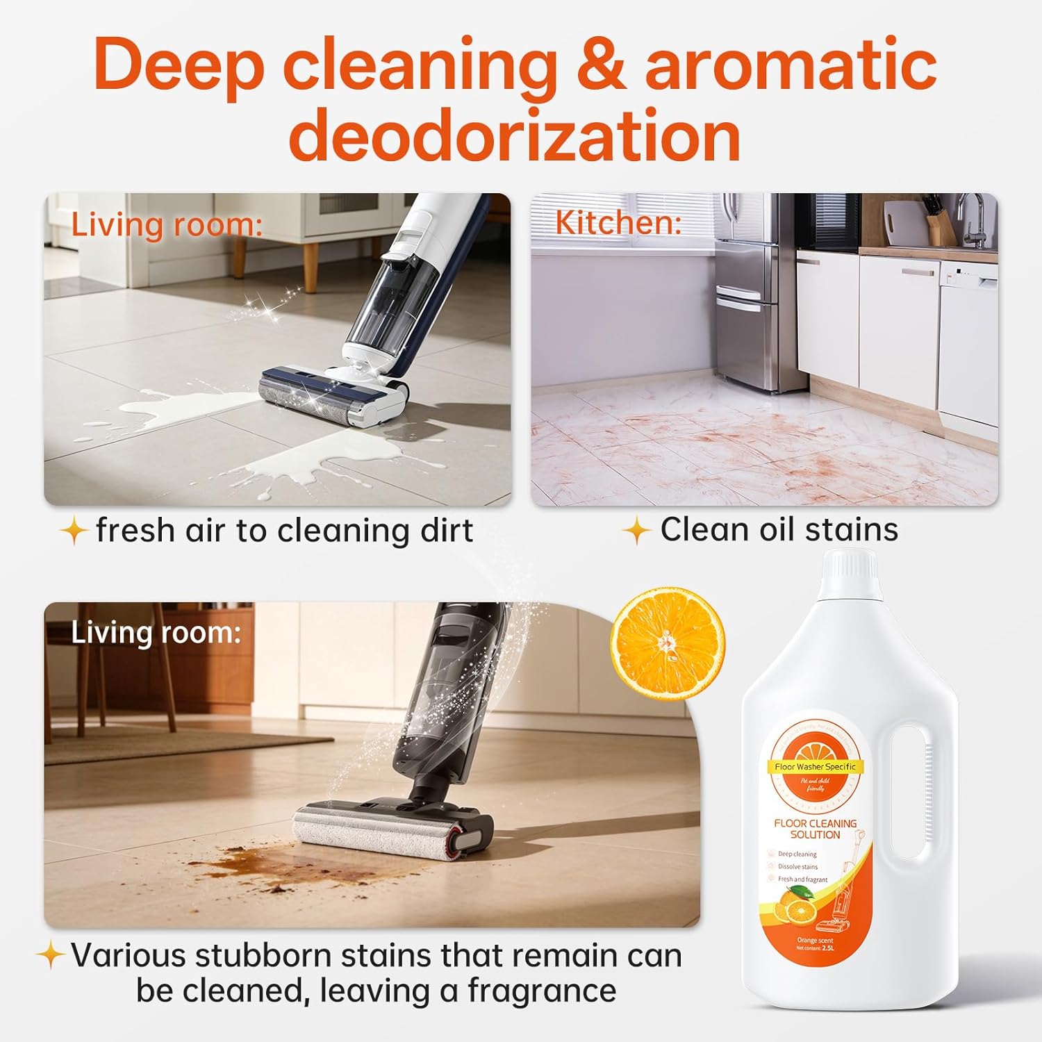Floor Cleaning Solution Compatible With Tineco/Bissell/Dreame And Shark, Fragrance Deodorization, Deep Cleans for Multiple Hard Floors, Suitable With Cordless Wet/Dry (【Sweet Orange】, 2.51 Liter)