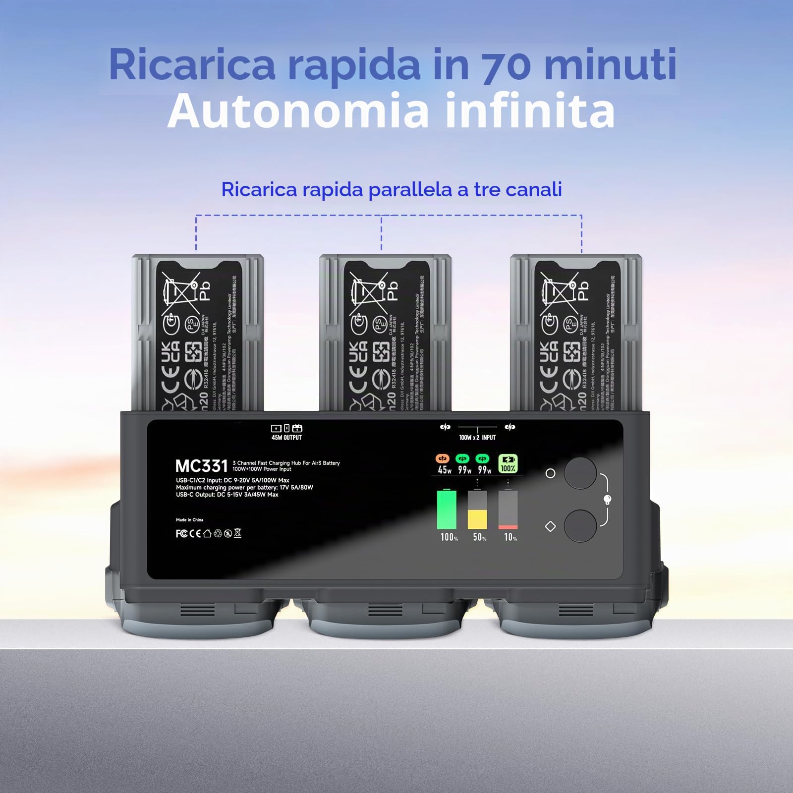 LIMETA 200W Air3/3S Drone Caricabatterie,Hub di Ricarica Rapida USB,per Accessori per Droni per Batterie DJI Air3/3S/RC Pro Plus/Controller,Tre Canali in Parallelo,con Funzione di Scarico/Raccolta