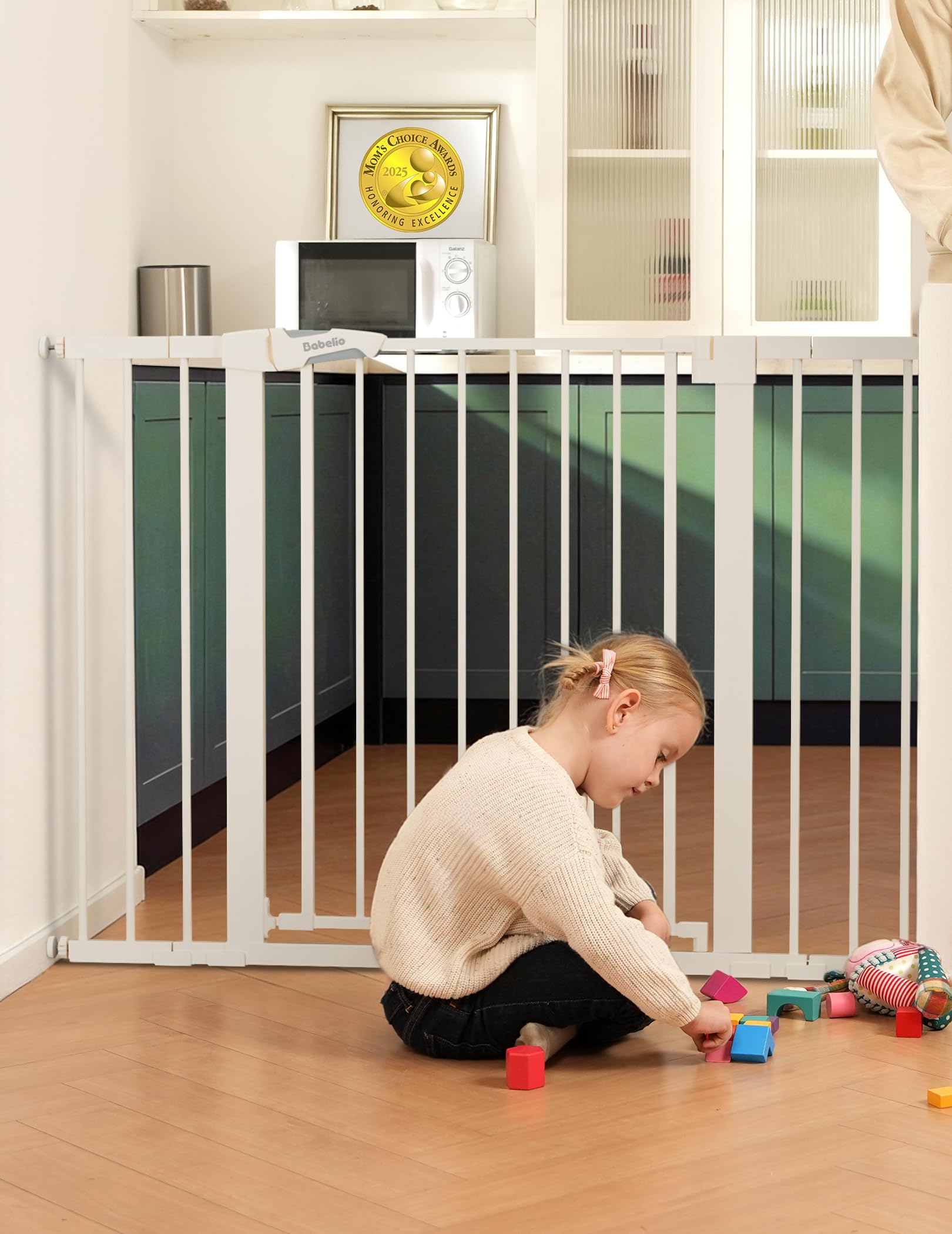 BABELIO 36" Tall Baby Gate, 29-48" Auto Close Pressure Mounted Dog Gate for Stairs, Doorways & Hallway, Protector Basics Easy Walk Thru Pet Gate, Metal Child Gate with 2*Y Spindle Rods, White
