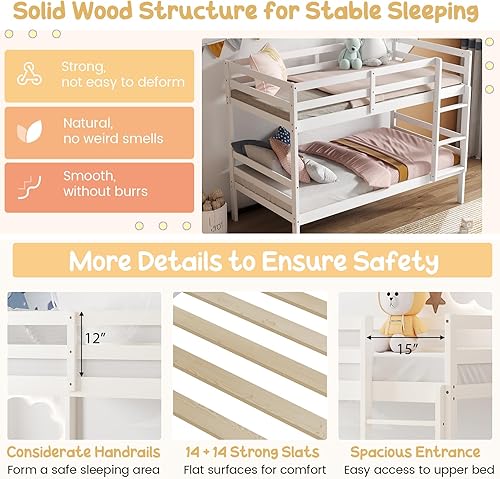 Miniatura 6 de Giantex Litera individual sobre individual blanca, litera de madera maciza con escalera resistente y rieles de seguridad de 12 pulgadas, marco de