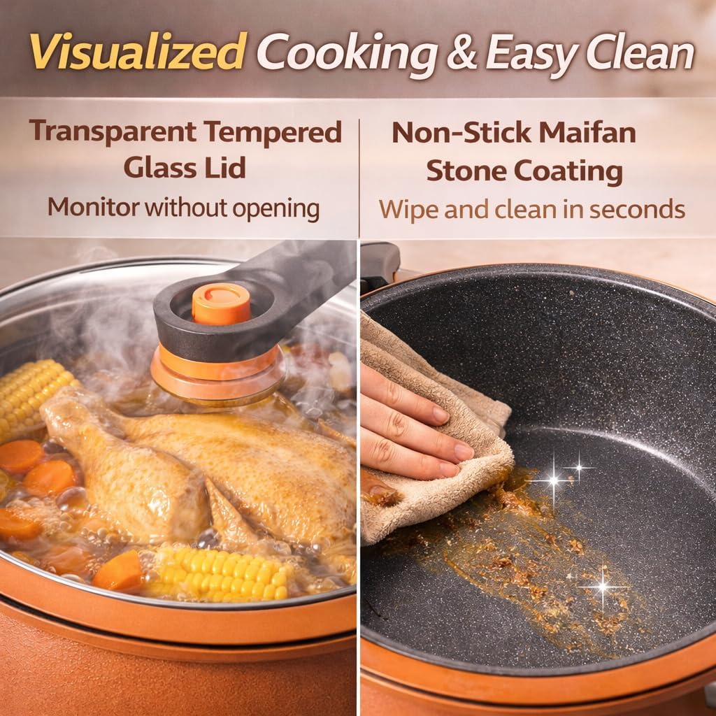 8QT Micro Pressure Cooker Pot, Large Capacity Non Stick Cooking Pot with Low Pressure Steam Valve, Family Size Stew Pot for Soup, Noodles, Compatible with Gas, Induction & Electric Stovetops (Orange)