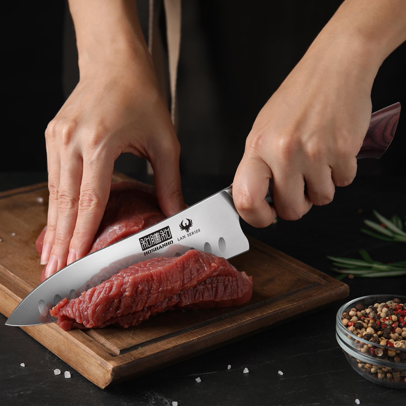 HOSHANHO Couteau Santoku 18cm, Professionnel Couteau de Cuisine, Couteau de Chef Japonais Ultra Tranchant, Couteau de Cuisine à Acier à Haute Teneur en Carbone avec Ergonomique en Bois