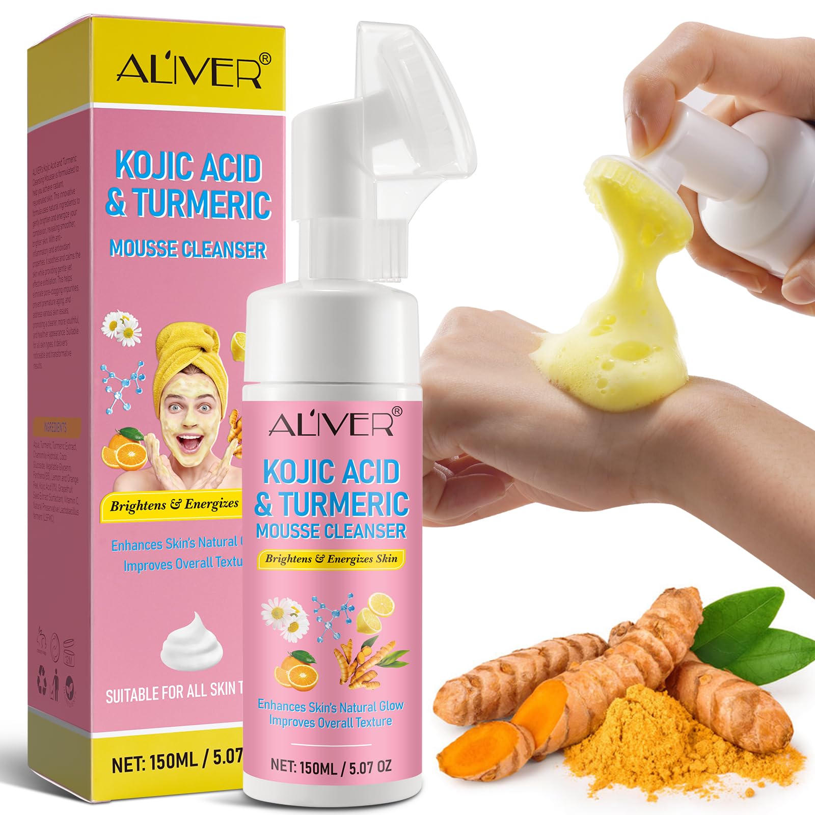 Limpiador Facial Ácido Kójico Cúrcuma, Mousse Exfoliante Limpiador, Combate El Acné, Equilibra La Grasa Y El Agua De La Piel, Aclara Manchas, Aclara El Tono De La Piel 150Ml