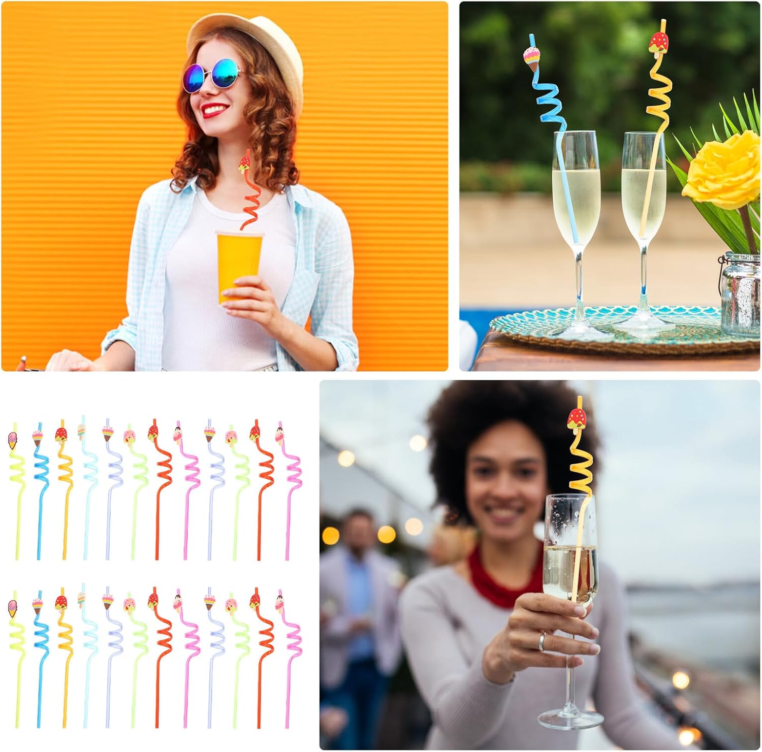 24pcs Reusable Twisted Beverage Straws Pvc Soft Cartoon Ice Cream Style Straws Party Supplies Drinking Accessories