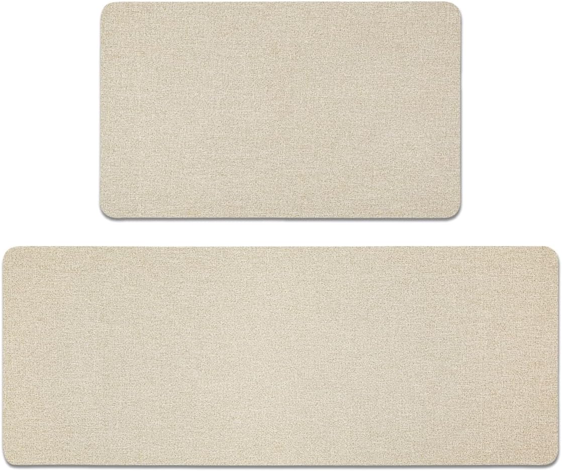 Kitchen Floor Mat Set with Non-Slip Rubber Bottom, Linen Surface, Beige, 2-Piece Indoor/Outdoor Rugs with Rounded Edges(17.7''x29.5''+17.7''x47'')