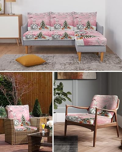 Miniatura 6 de Fundas de cojín de Navidad con diseño de gnomos rosados, funda elástica para sofá con parte inferior elástica, diseño de árbol de Navidad, pájaros,