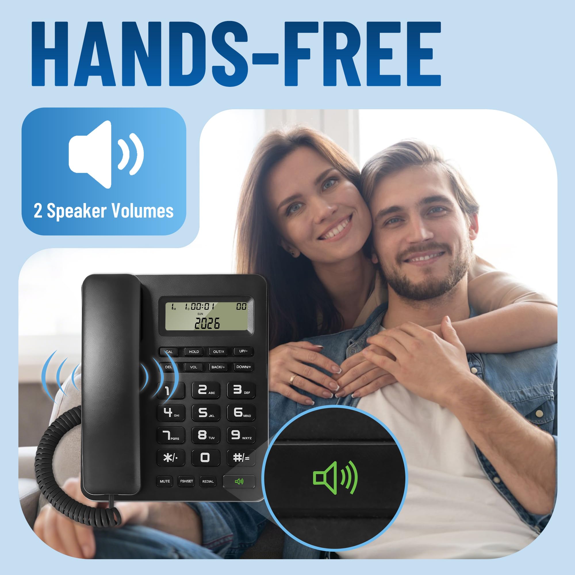 Corded Landline Phones for Home/Office, Desk Corded Telephone with Display and Adjustable Volume, Support Music on Hold, Speakerphone, DND and Calculator Function, Uvital House Phone (Black)