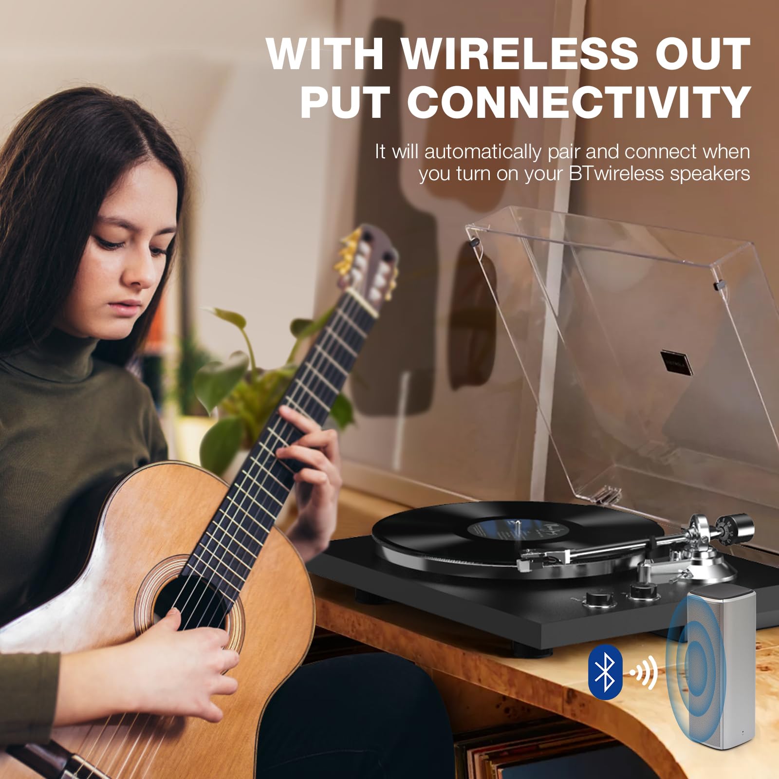 Giradischi Vinili Trasmissione a Cinghia con Connettività di Uscita Wireless, Lettore con Contrappeso Regolabile e Cartuccia Magnetica e 2 Velocità 33/45 RPM, Conversione USB, Linea Fono