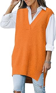 HUUSA Women's V Neck Sleeveless Oversized Sweater Vest Casual Plaid Cable Slit Preppy Pullover Knit Tunic Sweaters Tank Tops
