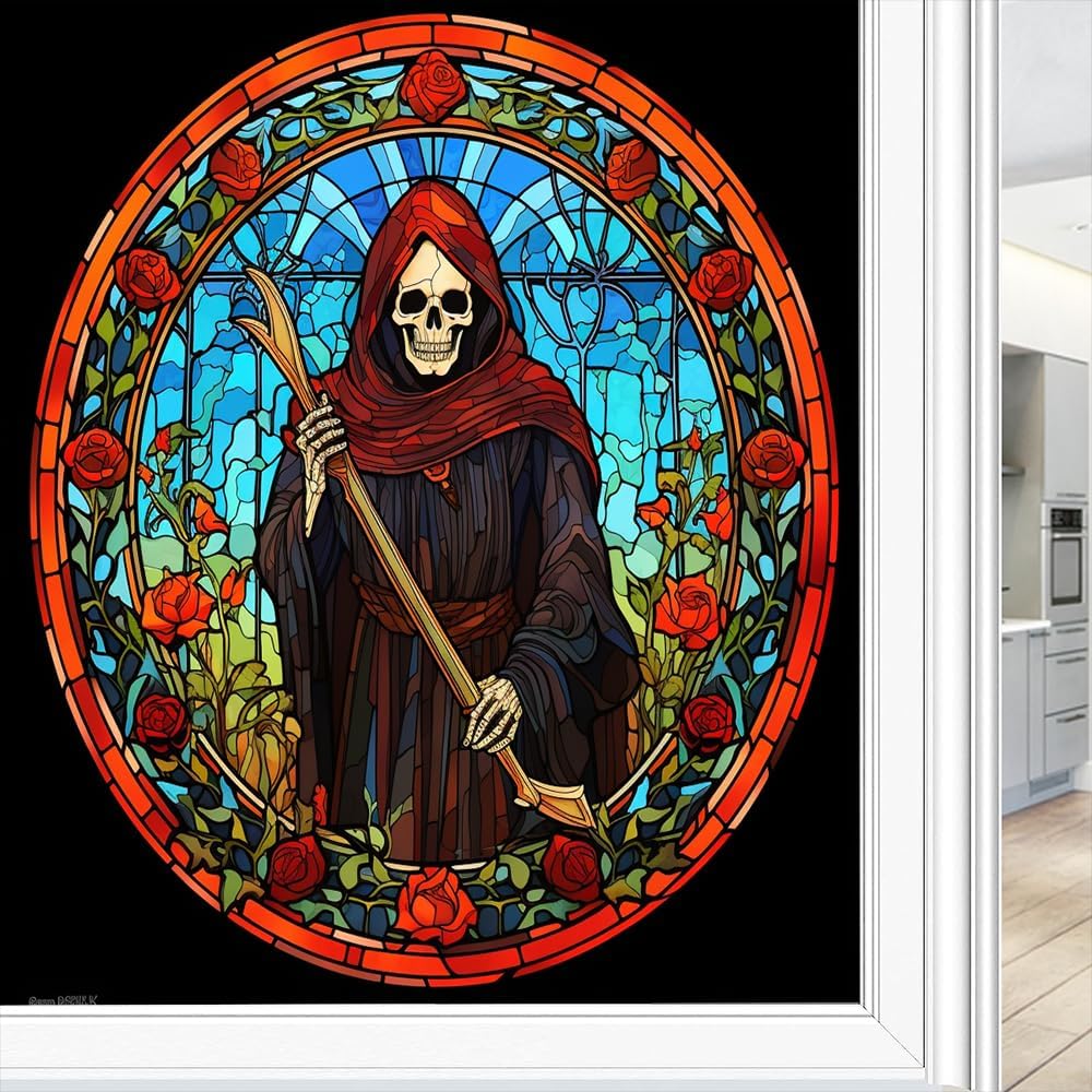 Field Flower Skeleton Window Privacy Film Abstract Horror Colorful Scenery Horror Stained Glass Window Coverings Glass Sticker Frosted Window Film for Home Office Stores 35.4Wx63L inch