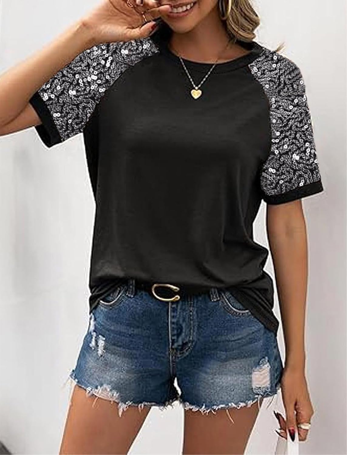 Women Sequined Splicing Short Sleeve T-Shirt Fashion Sparkle Sequin Party Tops Glitter Summer Beach Vacation Tee Shirt - Image 2
