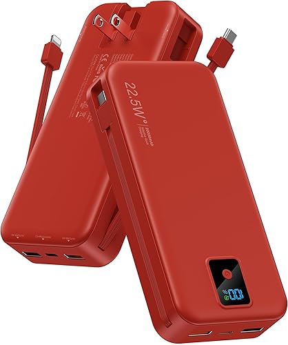 Miniatura 15 de Cargador portátil, cargador de batería de carga rápida de 12000 mAh 22.5 W con cables integrados y enchufe de pared, paquete de batería esencial de