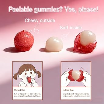 Peelable Gummy Candy 10 Fruit-shaped Flavors, Orange, Grape, Passion Fruit, Pineapple, Strawberry, Plum, Mango, Peach, Lemon, Lychee, 28.3 oz Box with 20 Bags Individually Wrapped Chewy Sweet Snack