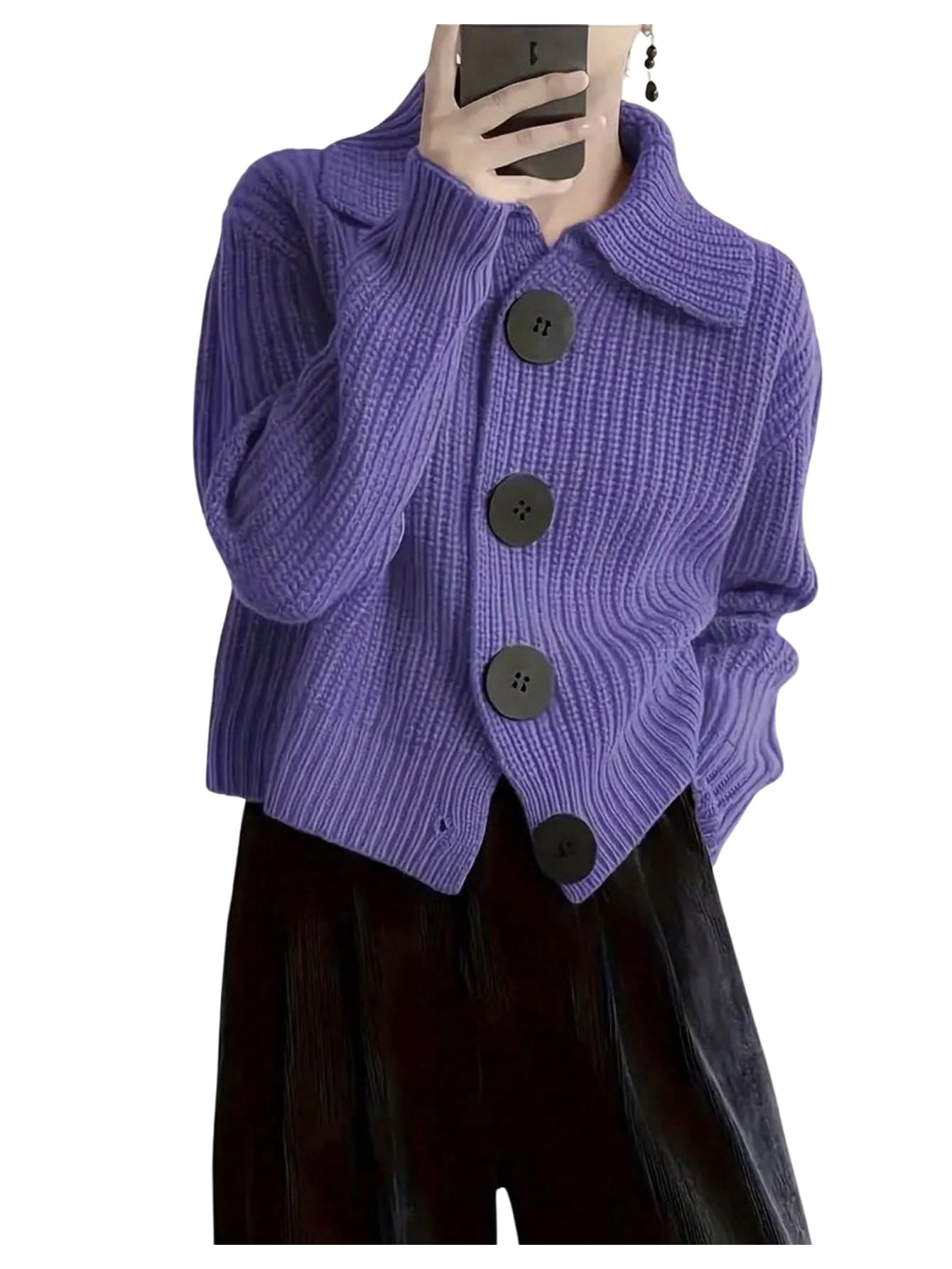 WDIRARA Womens Button Down Collared Cardigan Sweater Long Sleeve Knit Outerwear Halloween