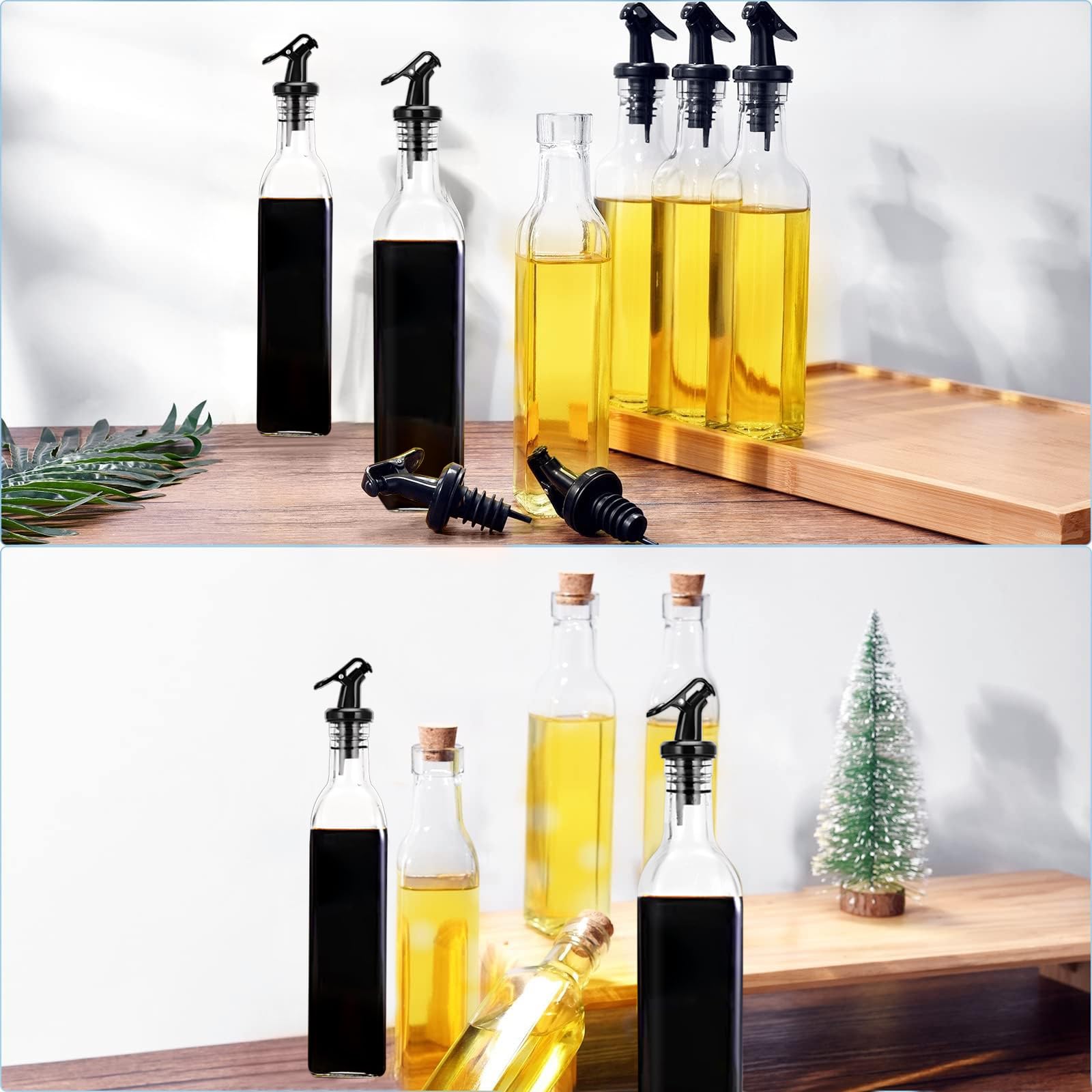 SAEIV Bottiglia per Olio 4x500ml con Portabottiglie Bambù Giallo Caldo, Dosatore Olio Vetro Borosilicato Alto, Oliera Salvagoccia Porta Olio Bottiglia Olio Bottiglie per Olio con Accessori Completi